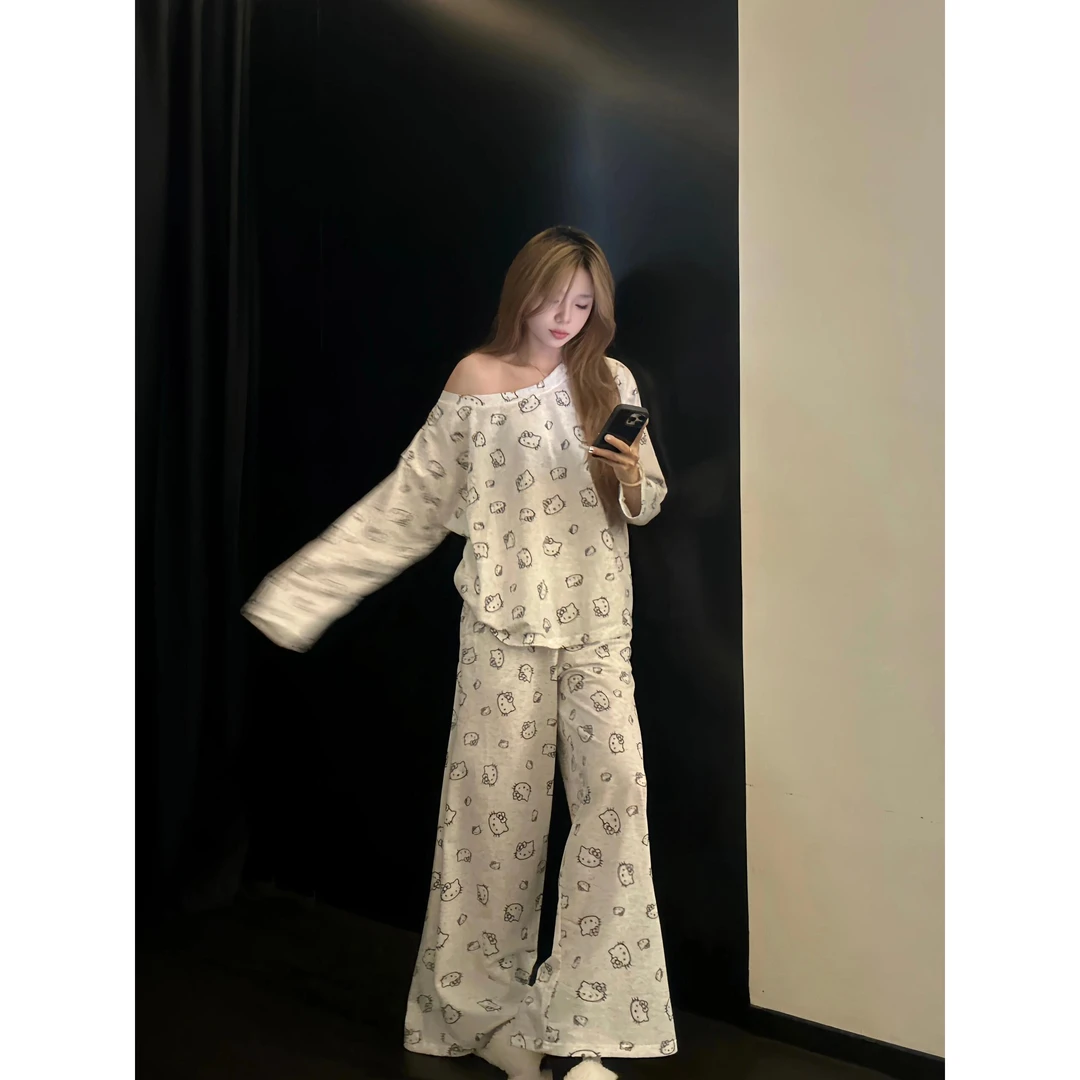 韩系少女凯蒂猫慵懒风睡衣女春秋季新款舒适薄款家居服套装可外穿