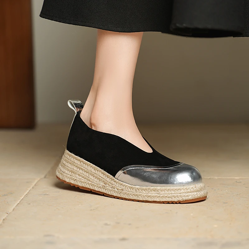 休闲复古拼色圆头奶奶鞋真皮坡跟单鞋女小众不累脚草编厚底渔夫鞋