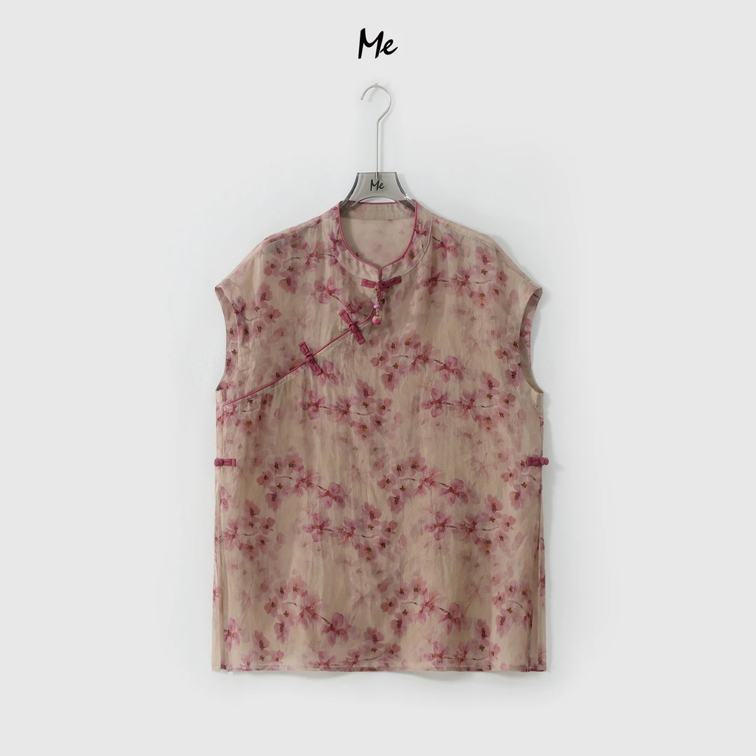 ME【100%苎麻粉樱旗袍】艺术印花新中式显瘦时尚百搭上衣MESS6503