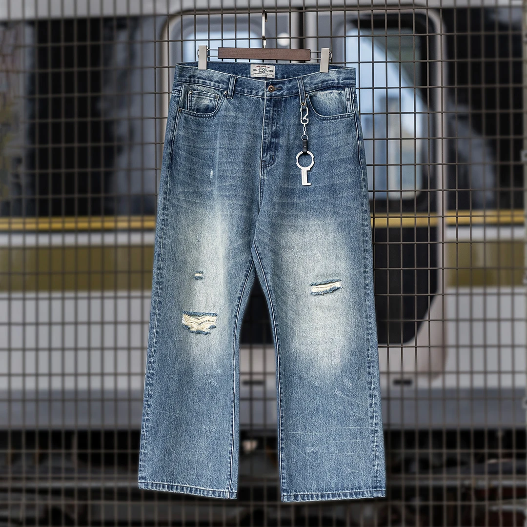 MRA男装 复古内华达水洗猫须直筒软牛仔裤不规则破洞浅蓝长裤男秋