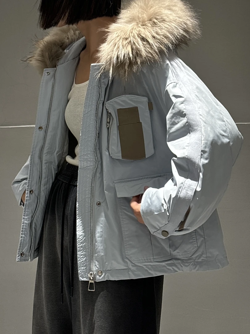 313-2024冬季新款时尚短款白鸭绒带毛派克羽绒服