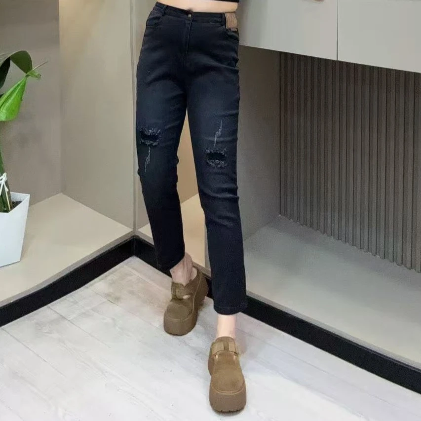 早春牛仔烟管裤-勾 50033 时尚潮流假破洞显瘦款胖MM大码女装新款