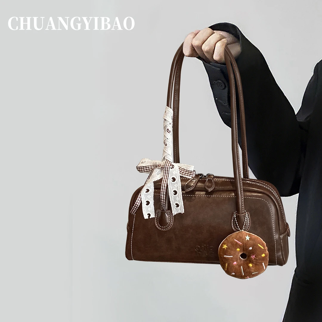 棕色超火手提波士顿保龄球包包女式2025新款秋冬小众高级感单肩包