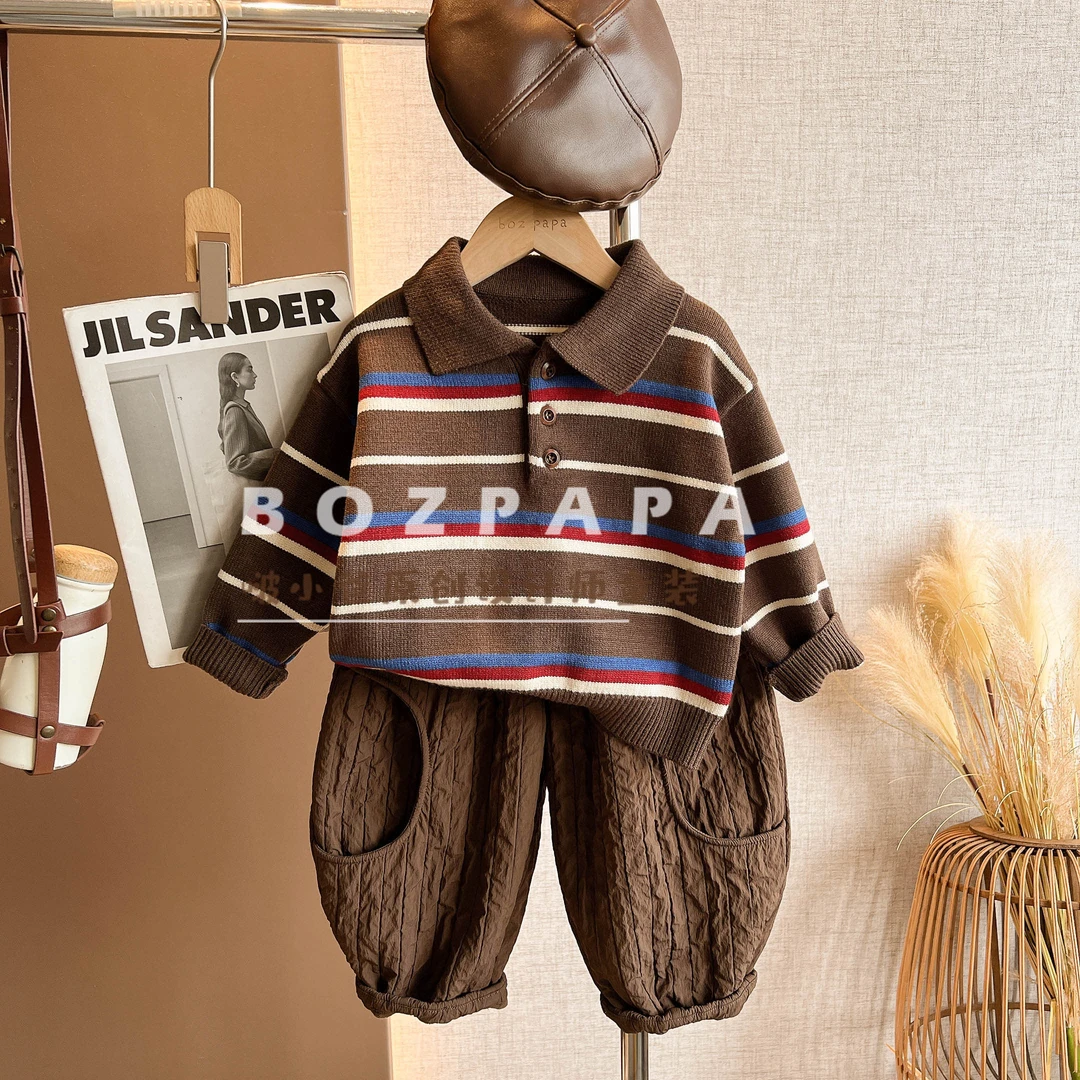 定制【白昼梦想家】2025冬季新款男童加厚条纹POLO领针织毛衣