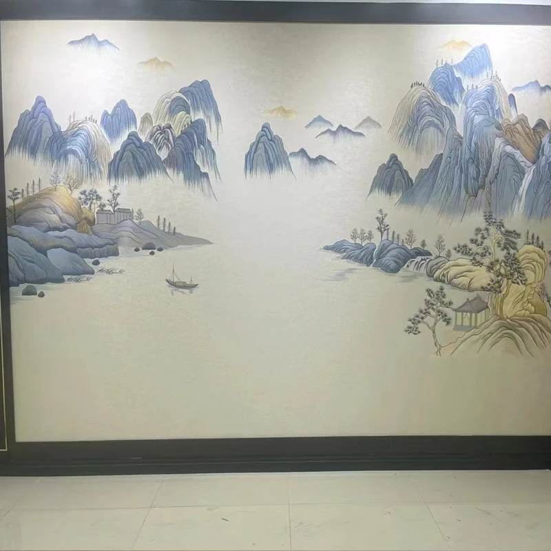 彩金线独绣新中式山水客厅沙发电视背景墙布悠然山居刺绣无缝墙布