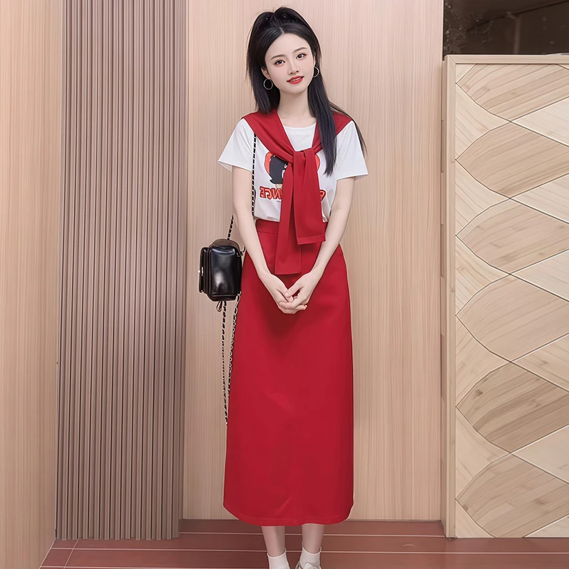 休闲简约套装女2025年夏季新款小个子印花短袖t恤半身裙两件套潮