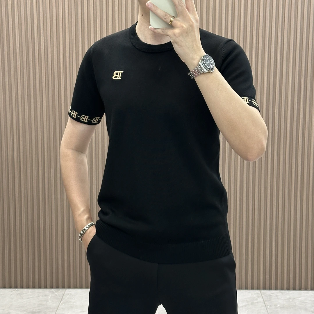 2025秋季时尚百搭男士短袖针织衫休闲商务潮流修身圆领刺绣T恤