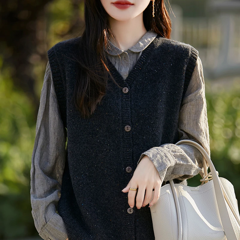 秋冬季100%纯羊毛马甲女外穿V领点子纱针织无袖坎肩马夹开衫上衣