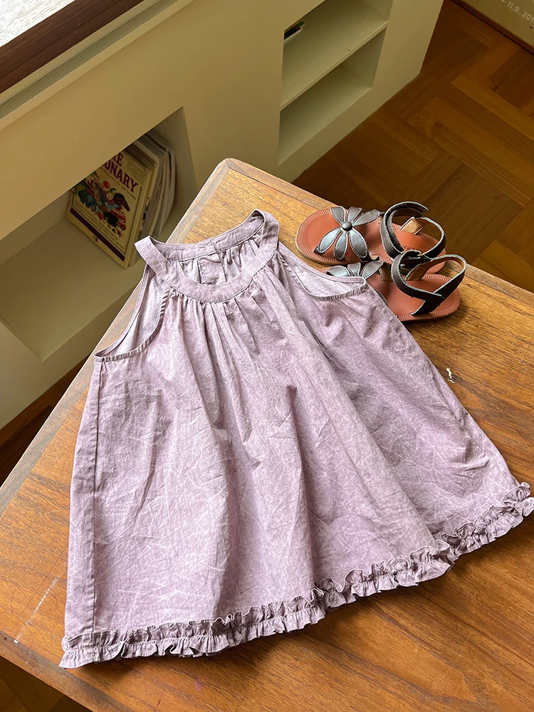 儿童个性时髦扎染工艺花边下摆设计感挂脖背心无袖上衣潮