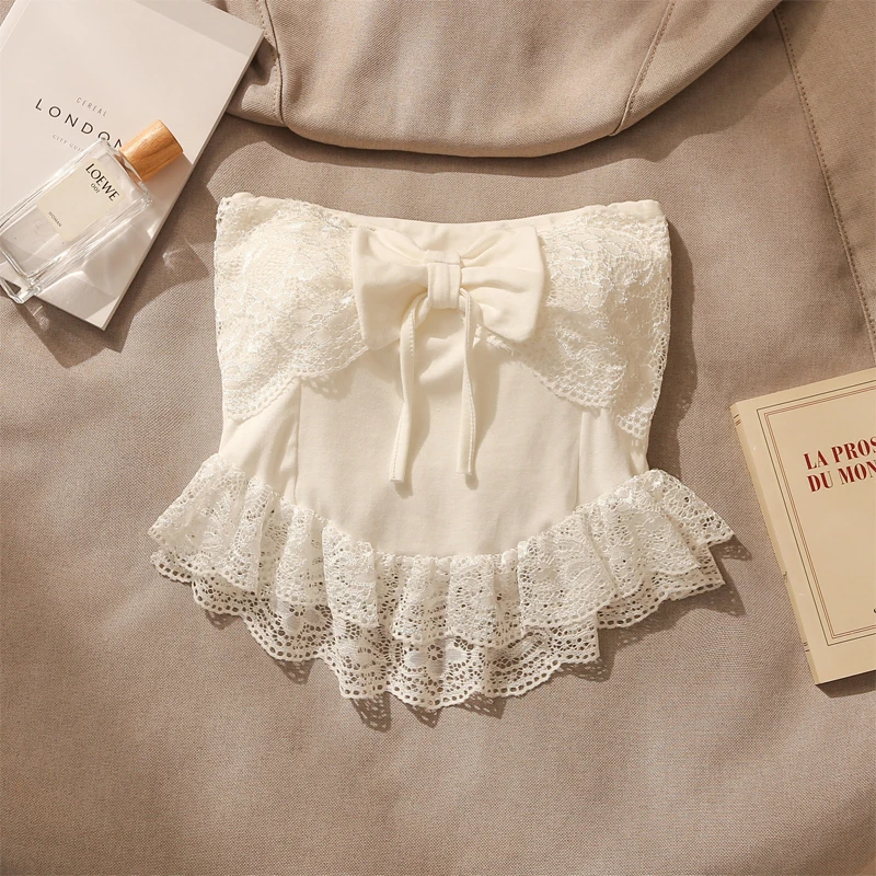 甜辣妹蝴蝶结拼接蕾丝抹胸吊带背心女夏季带胸垫内搭美背短款上衣