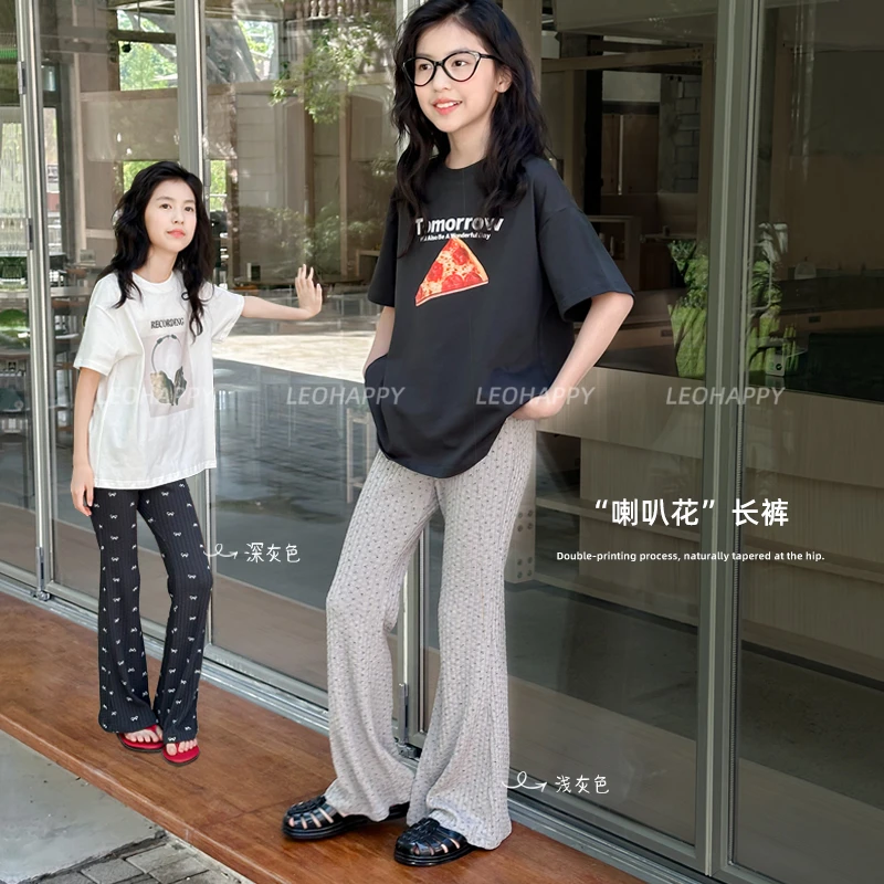 LEOHAPPY【喇叭花】260克坑条彩拔小碎花胶印蝴蝶结喇叭裤