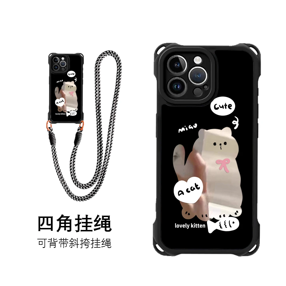 蝴蝶结小猫ins风电镀镜面四角挂绳适用苹果16pro华为vivo手机壳
