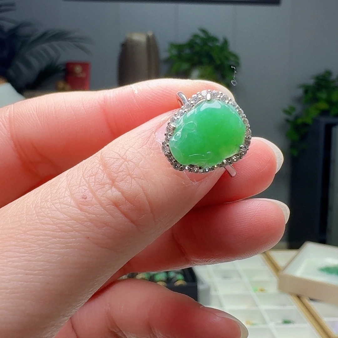翡翠银S925镶嵌戒指天然