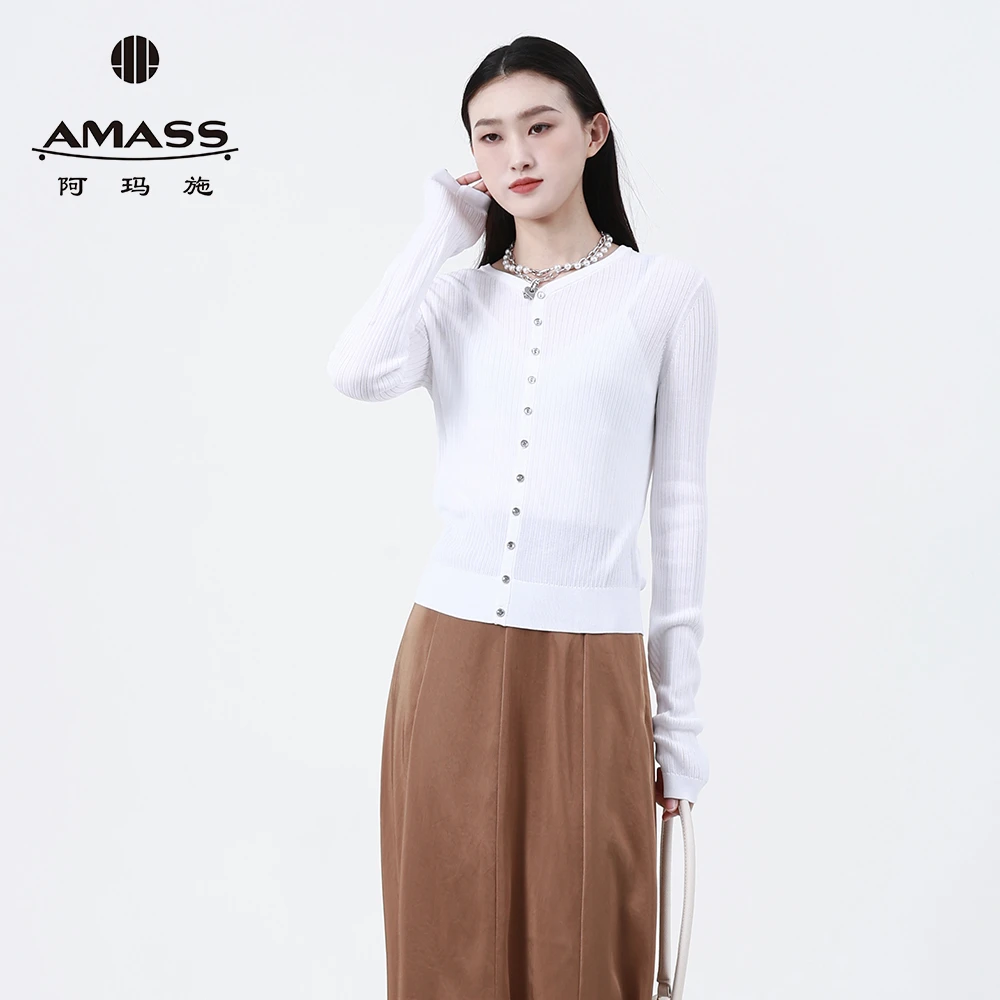 阿玛施AMASS随性凹凸形面小V领黑色百搭莱赛尔针织开衫女548012