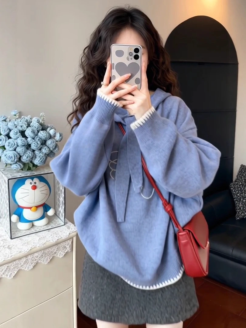 韩系穿搭慵懒风连帽毛衣女2025秋冬新款撞色高级感内搭针织衫上衣