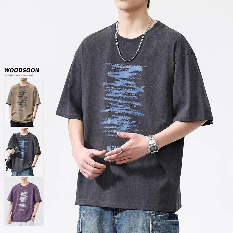 轻奢痞帅男装T恤夏季短袖休闲日复古深灰半袖体恤上衣潮牌宽松男t