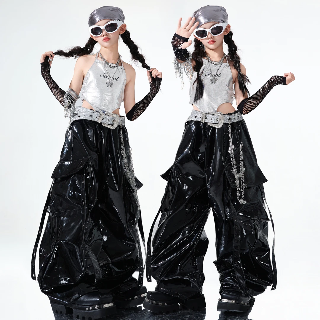 女团爵士舞服韩版辣妹银色吊带皮裤jazz舞蹈服女童街舞走秀演出服