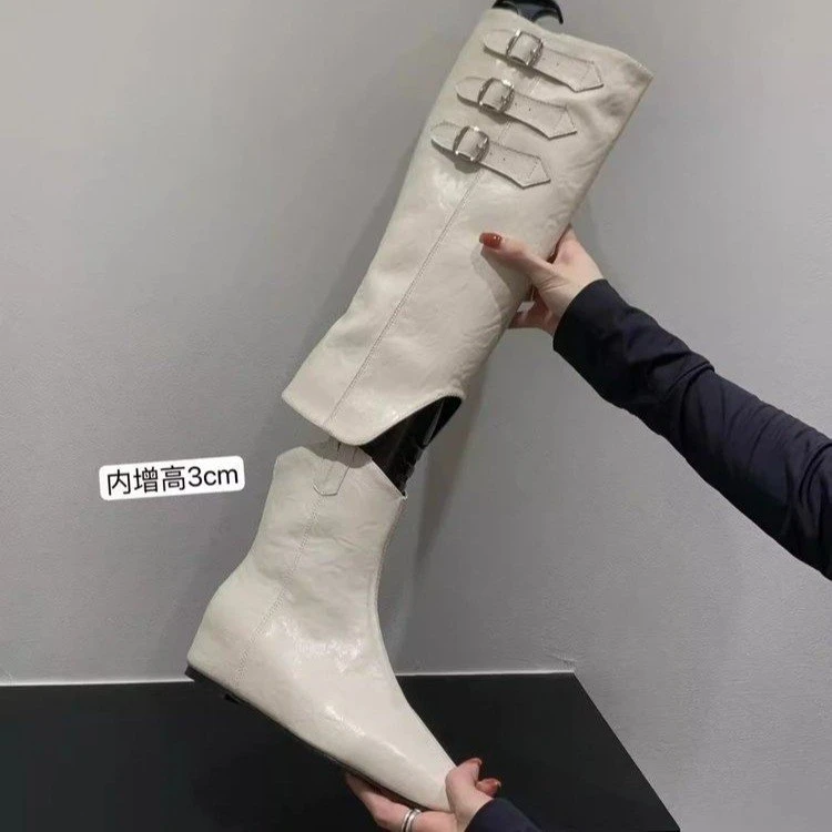 皮带扣尖头内增高中跟短靴高筒长靴女2025春秋新款两穿可拆卸靴筒