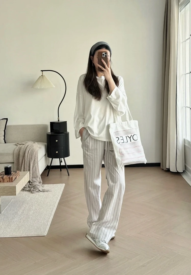 女士外贸TR米色灰条纹露思同款抽绳松紧腰棉绸舒适拖地感直筒长裤