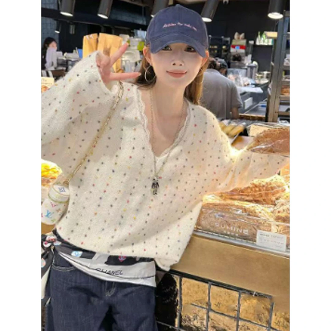 彩色毛球亮片v领套头毛衣女早秋季宽松慵懒高级感内搭打底针织衫