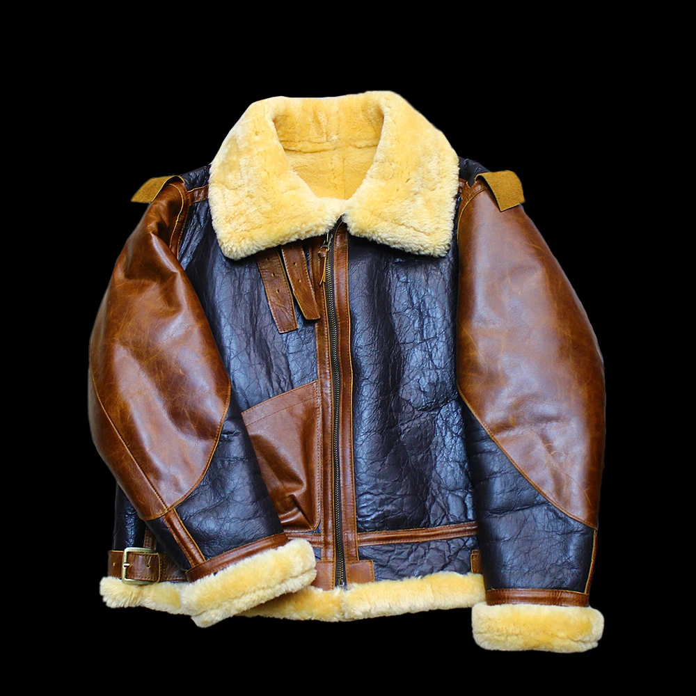 新款冬季蜡变棕色复古B3原生态美利奴羊皮毛一体皮衣男外套加厚