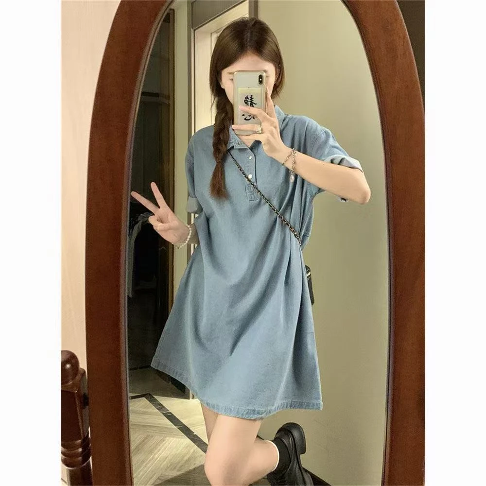 2025夏季新款纯色连衣裙中长款简约薄款短袖休闲宽松韩版短款裙子