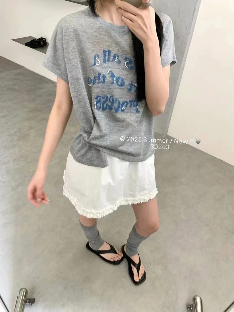 2025年新款小个子针织衫夏季薄款圆领字母宽松休闲落肩针织短袖
