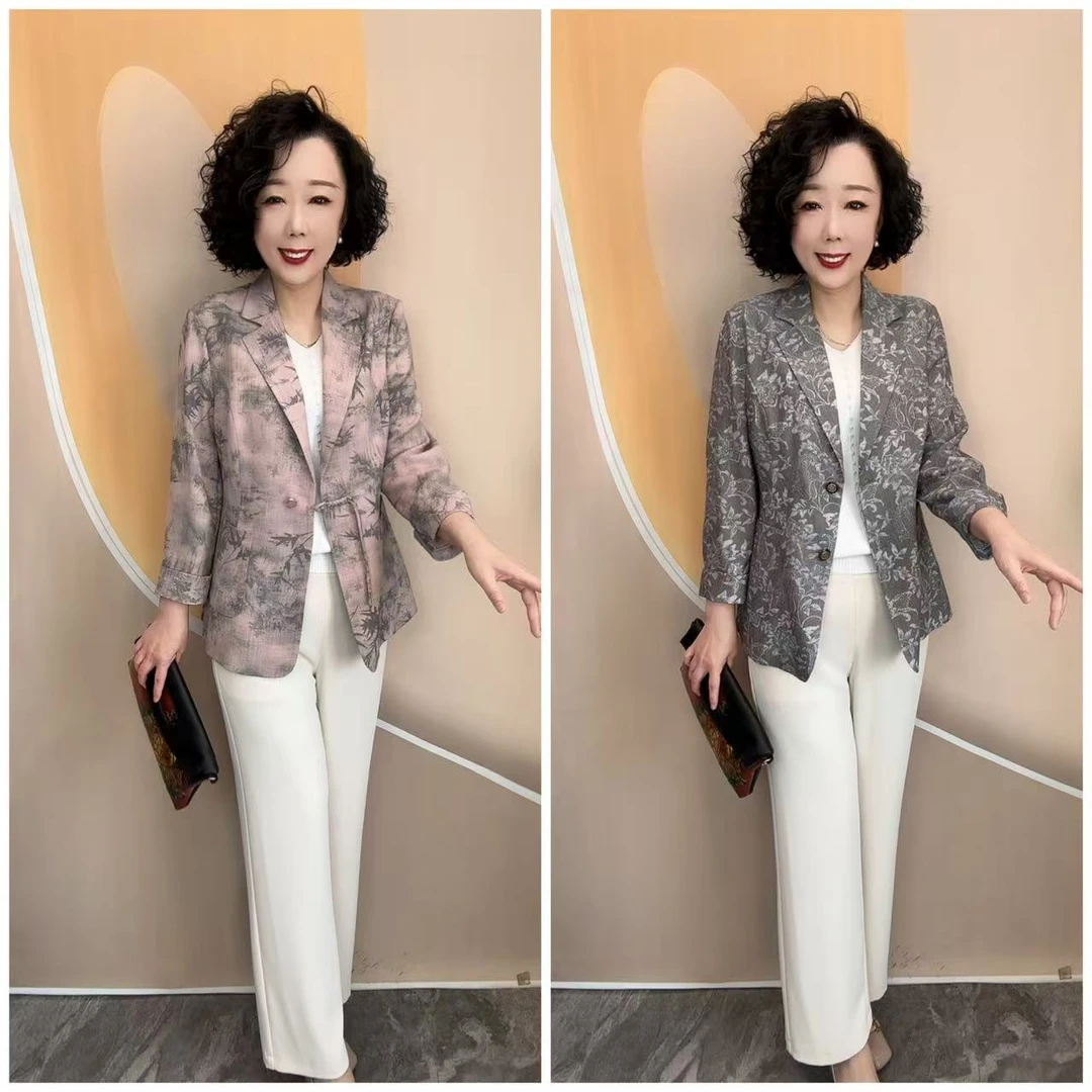 027新款加里衬时尚暗花时尚百搭宽松大码西装外套，衣长67