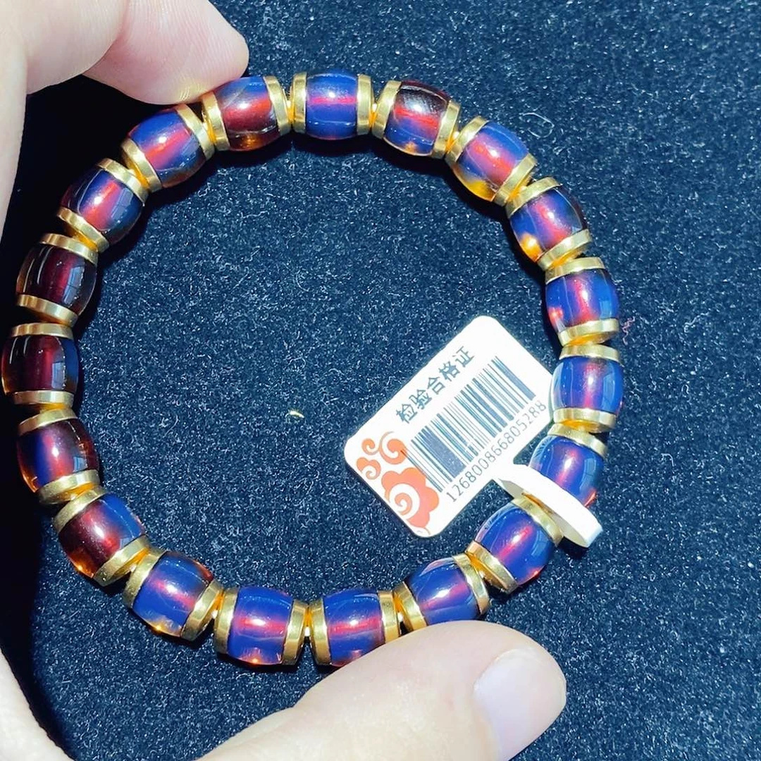 蓝珀银S925镀金镶嵌珠宝奇石8MM墨西哥红蓝桶珠手串