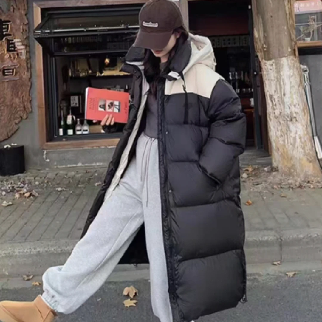 拼接长款女印棉衣服休闲情侣过膝潮流时尚秋冬黑色女装韩版