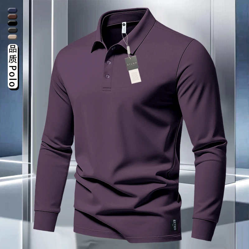 爆款商务休闲酱紫色男士春秋长袖polo衫打底衫翻领纯色T恤男上衣t