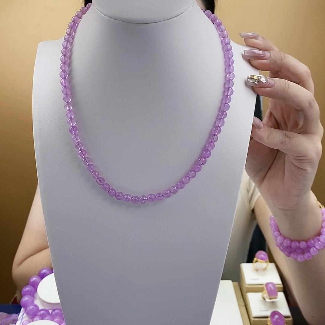 【华瑞珠宝】5MM天然宝石原矿紫锂辉高冰收藏级别通透小米珠项链5+