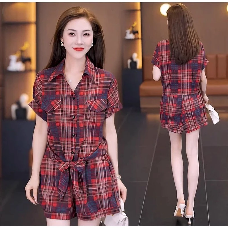 雪纺洋气时尚套装女夏2025新款宽松显瘦格子衬衫阔腿短裤两件套潮