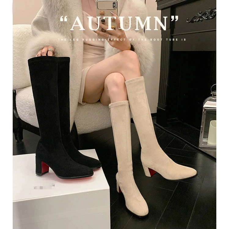 小个子瘦腿靴2025冬季新款高筒女靴子加绒不过膝骑士靴高跟瘦瘦靴