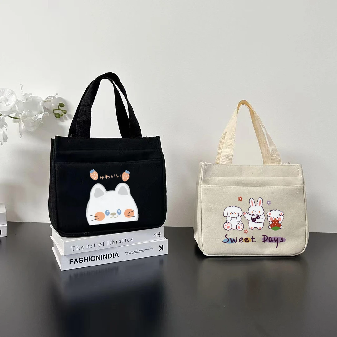 高颜值帆布手提包宝妈外出简约小巧立体拎包通勤加厚上班便当饭袋