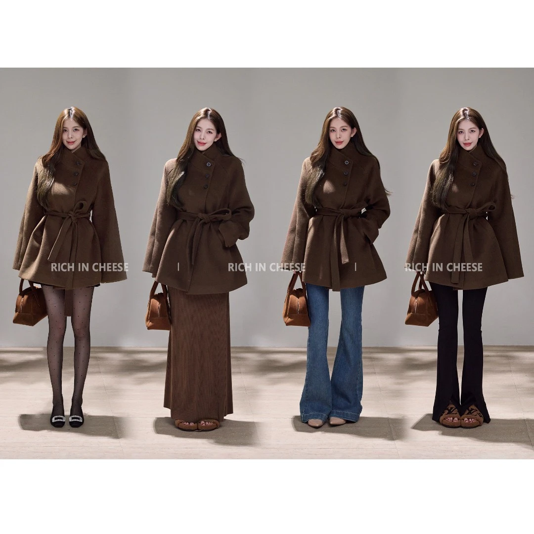 舒胡蕾 冬日旧约 高定设计感立领系带收腰百搭毛呢短外套（含腰带）