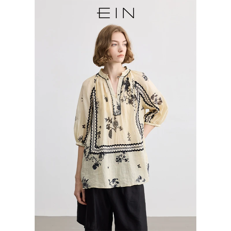 墨间花鸟南法风苎麻印花一粒扣V领花边上衣2025春夏新款