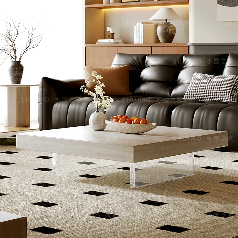 德利丰客厅洞石岩板茶几居家用设计师亚克力悬浮小户型正方形茶几