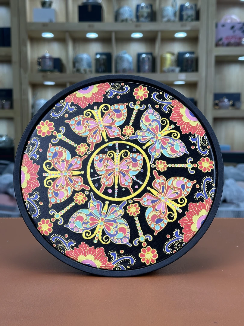 珐琅黑烫金【圆形】茶盘A0536