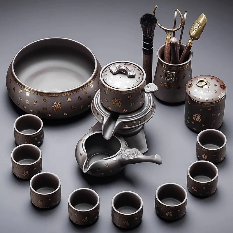 手工描金紫砂功夫茶具防烫旋转出水懒人泡茶神器石磨自动茶壶套装