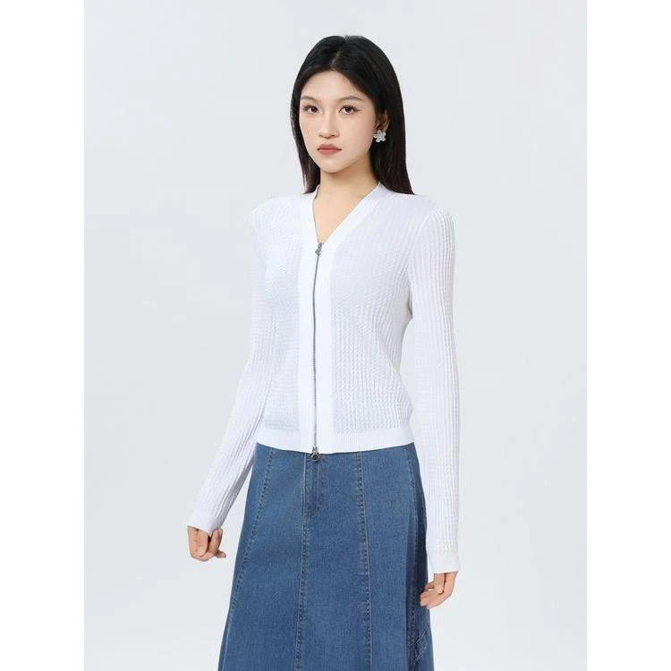 职业阿玛诗官2025春秋款气质时尚修身显瘦V领双拉链针织长袖开衫