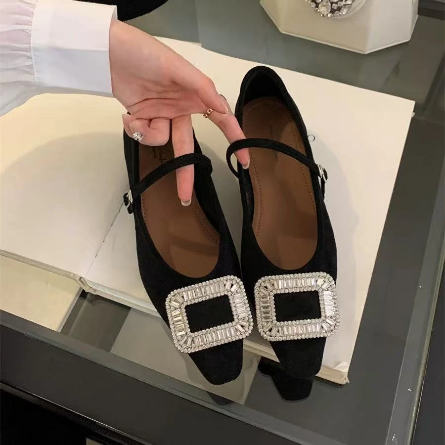 粗跟绒面单鞋浅口女鞋2CM 水钻方扣玛丽珍鞋纯色02