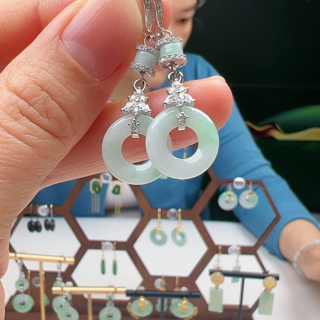 翡翠耳饰银S925镶嵌天然翡翠