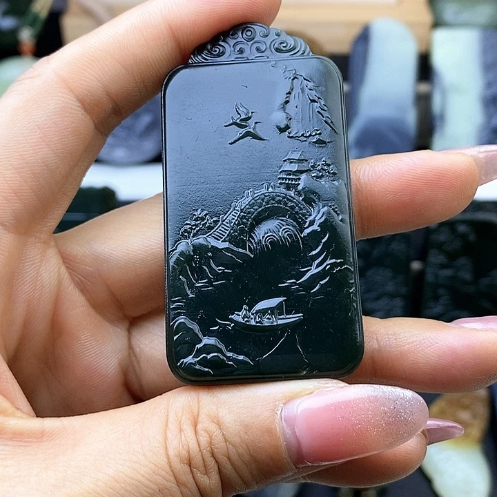 和田玉未镶嵌颈饰青玉大气沉稳山水牌