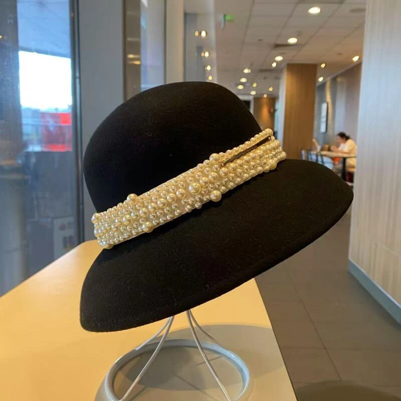 S151【纯羊毛法式赫本风】赫本小香风珠珠羊毛渔夫帽女优雅百搭