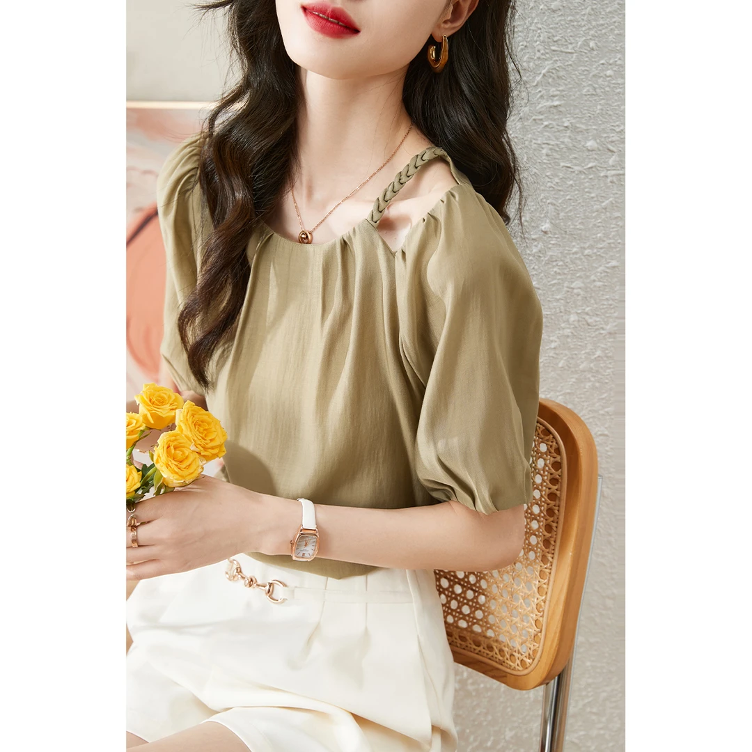 【休闲露肩衬衣】2025夏新款圆领泡泡袖天丝薄款透气百搭衬衫5555