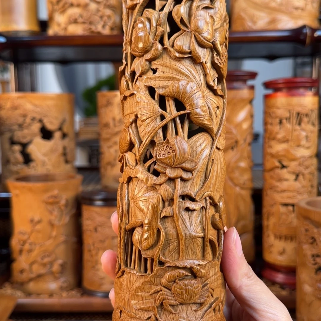 無***聲手工竹雕荷花香筒