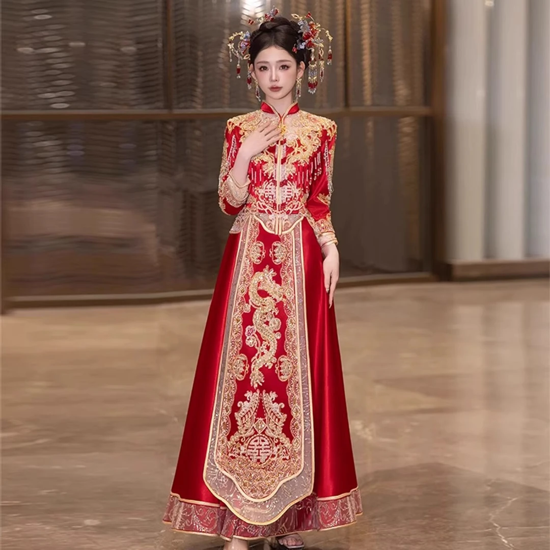 秀禾服2025春夏款缎面修身显瘦结婚礼服中式嫁衣出阁嫁衣修身显瘦