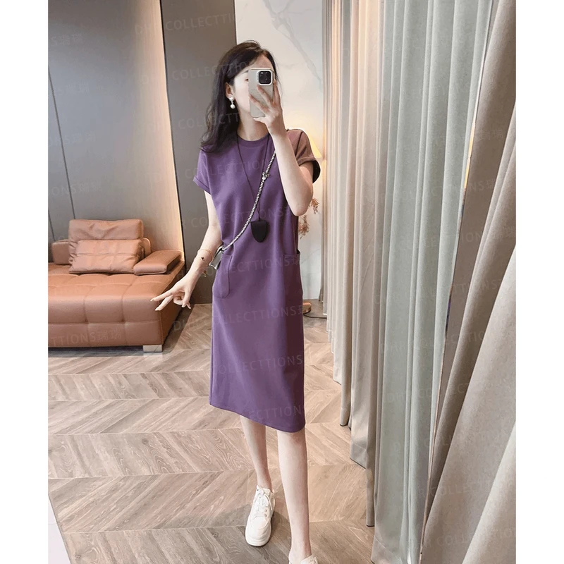 2025年夏秋大码显瘦中长款韩版正肩纯色减龄女宽松连衣裙品质