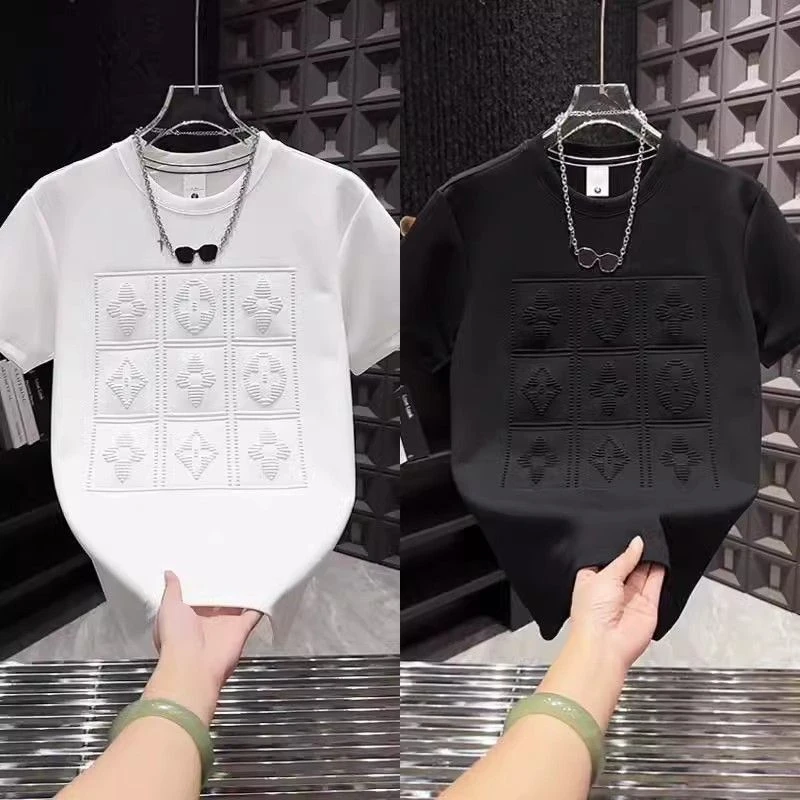 新款夏季时尚纯棉短袖T恤男潮牌简约圆领重工钢印休闲百搭半袖t恤